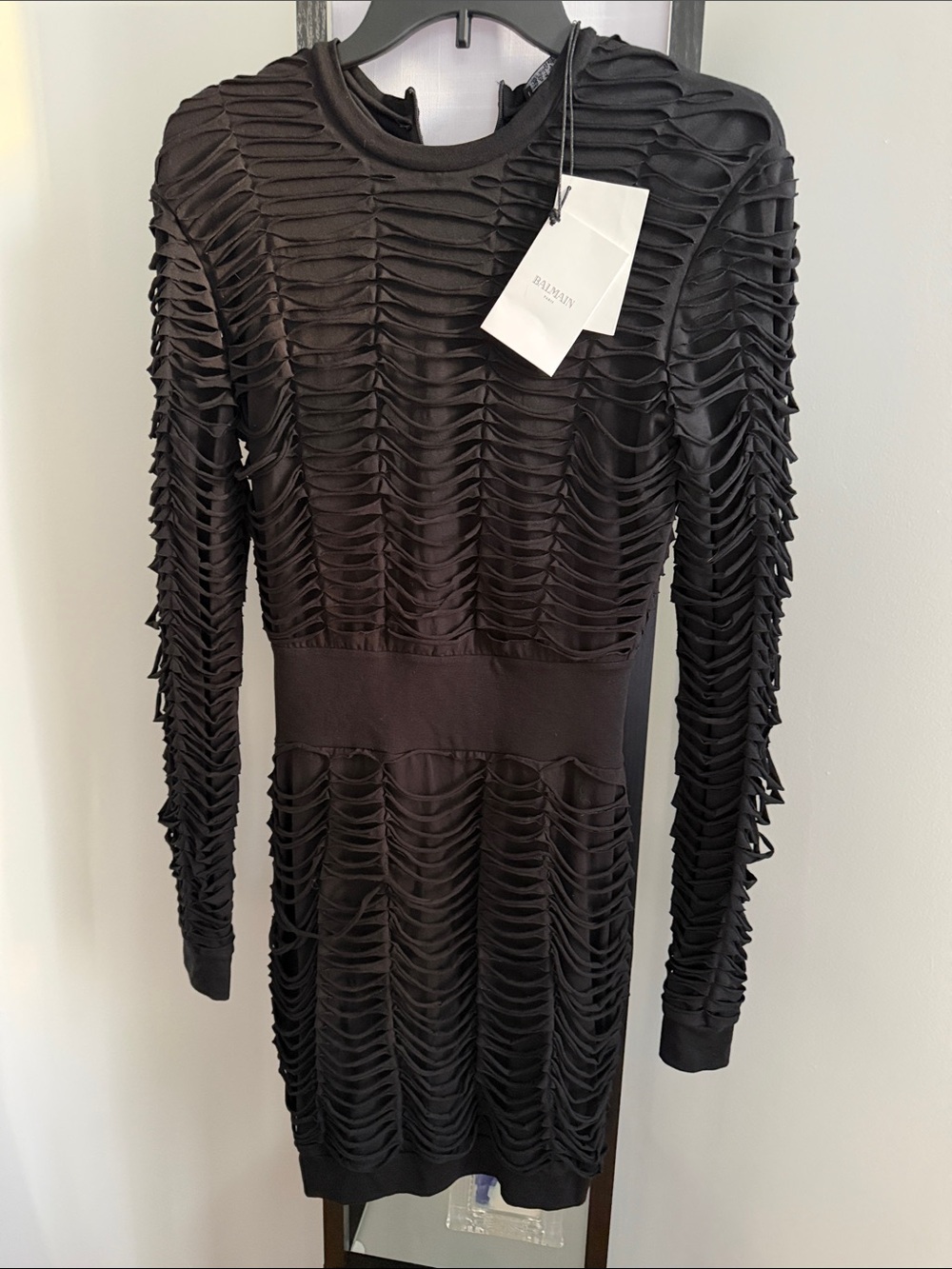Balmain Black Distressed-Knit Long Sleeve Mini Dress